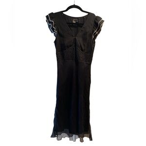 BCBGMaxAzria Black V-Neck Silk Dress w Ruffle Sleeves, lattice Swiss dots waist